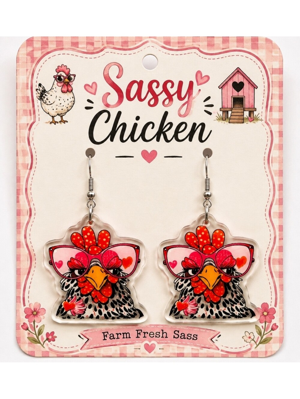 Mrs. Sassy Pants Chicken with Pink Glasses Fun Jewelry Hypoallergenic Earrings